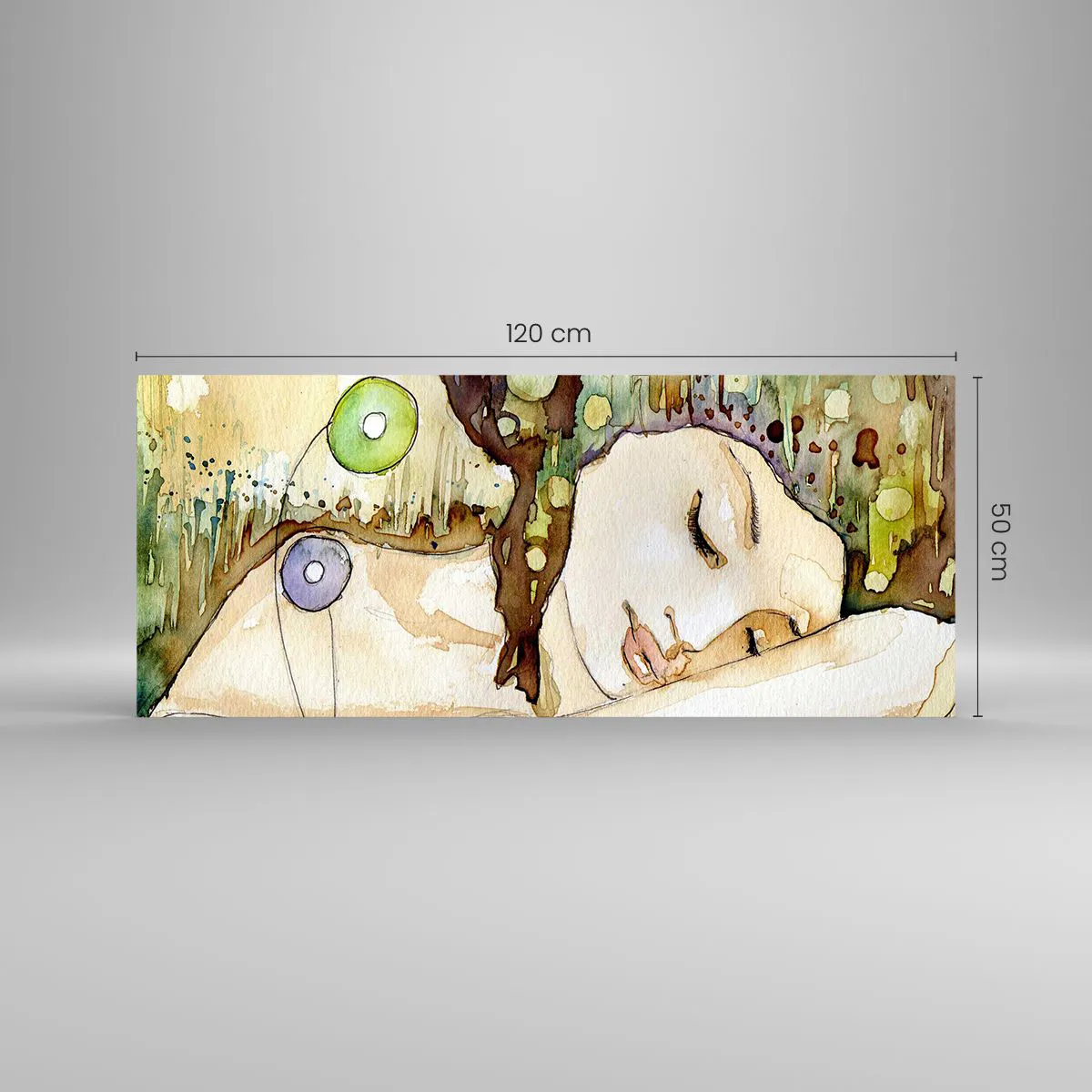 Glasbild - Bild auf glas - Eine träumende Frau, umgeben von abstrakten Formen und Farben. - 120x50cm - Ein smaragd-violetter Traum - Moderne Wanddekoration für Wohnzimmer und Schlafzimmer ARTTOR