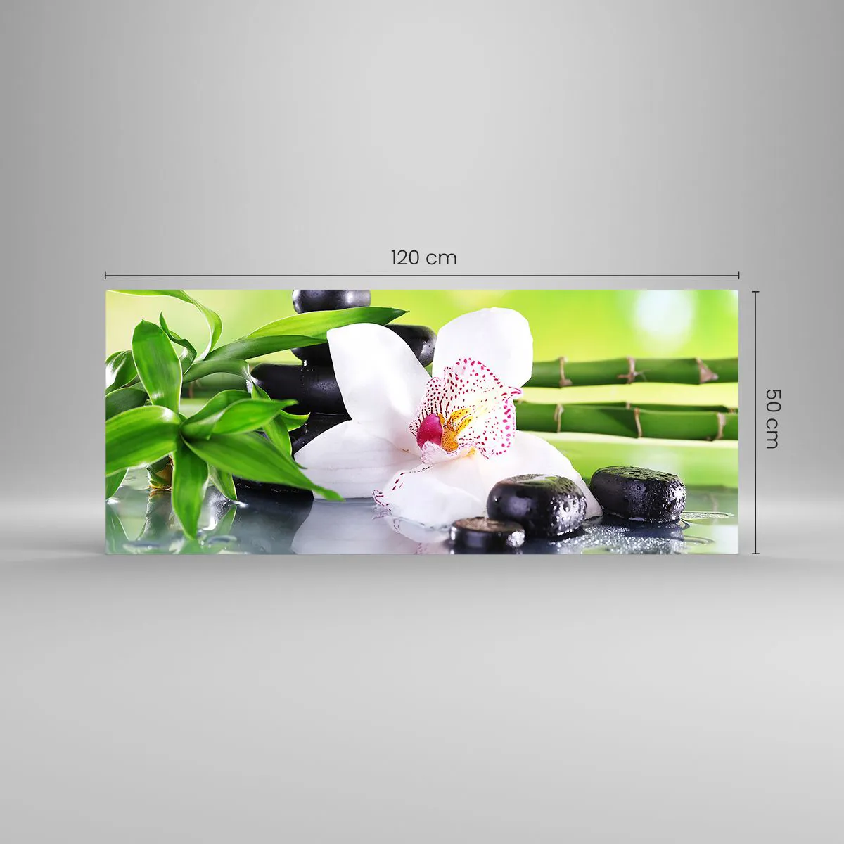 Obraz na szkle - Orchidea, kamienie i bambus w harmonijnej kompozycji spa - 120x50cm - Chłodna świeżość - Nowoczesna dekoracja ścienna do salonu i sypialni ARTTOR