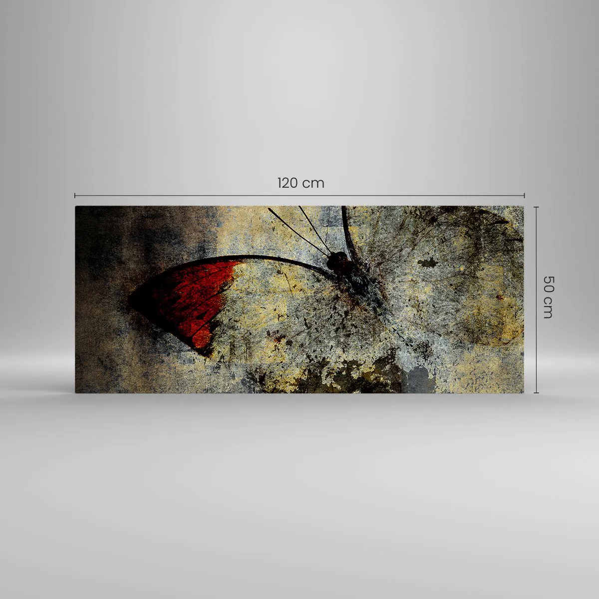 Glasbild - Bild auf glas - Ein Schmetterling in Rot- und Grautönen auf strukturiertem Hintergrund - 120x50cm - Pass auf, bevor ich verschwinde - Moderne Wanddekoration für Wohnzimmer und Schlafzimmer ARTTOR