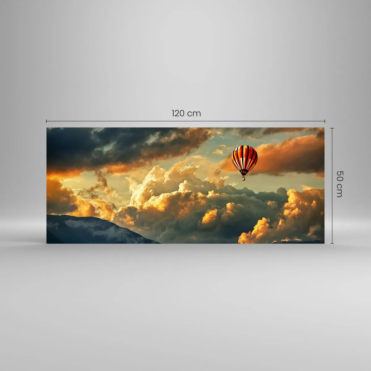 Quadro su vetro - Un pallone sullo sfondo di nuvole spettacolari - 120x50cm - Volo perché voglio - Decorazione murale moderna per soggiorno e camera da letto ARTTOR