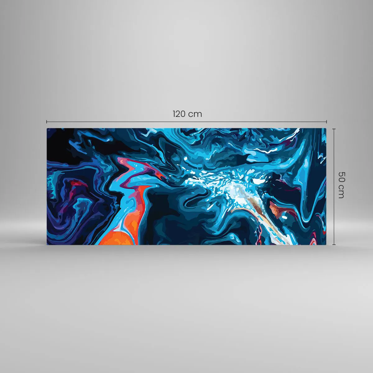 Impression sur verre - Image sur verre - Un motif abstrait dans des tons de bleu avec des accents orange. - 120x50cm - Voyage au centre du ciel - Décoration murale moderne pour le salon et la chambre ARTTOR