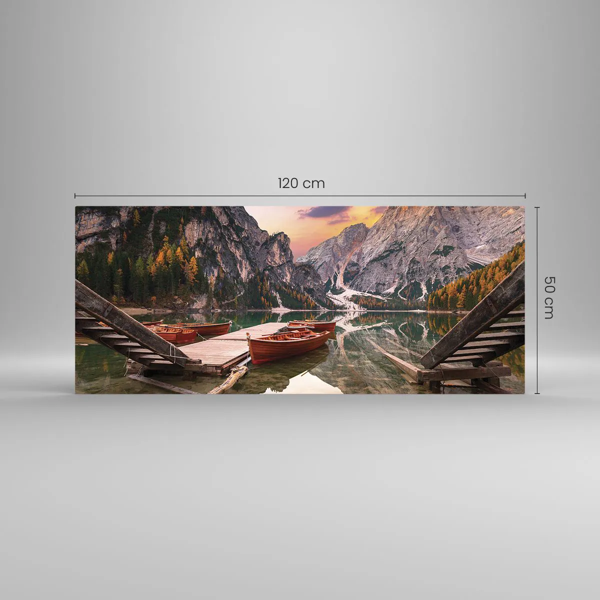 Cuadro sobre vidrio - Impresiones sobre Vidrio - Lago de montaña con barcos al atardecer - 120x50cm - Espejo entre montañas - Decoración de pared moderna para salón y dormitorio ARTTOR