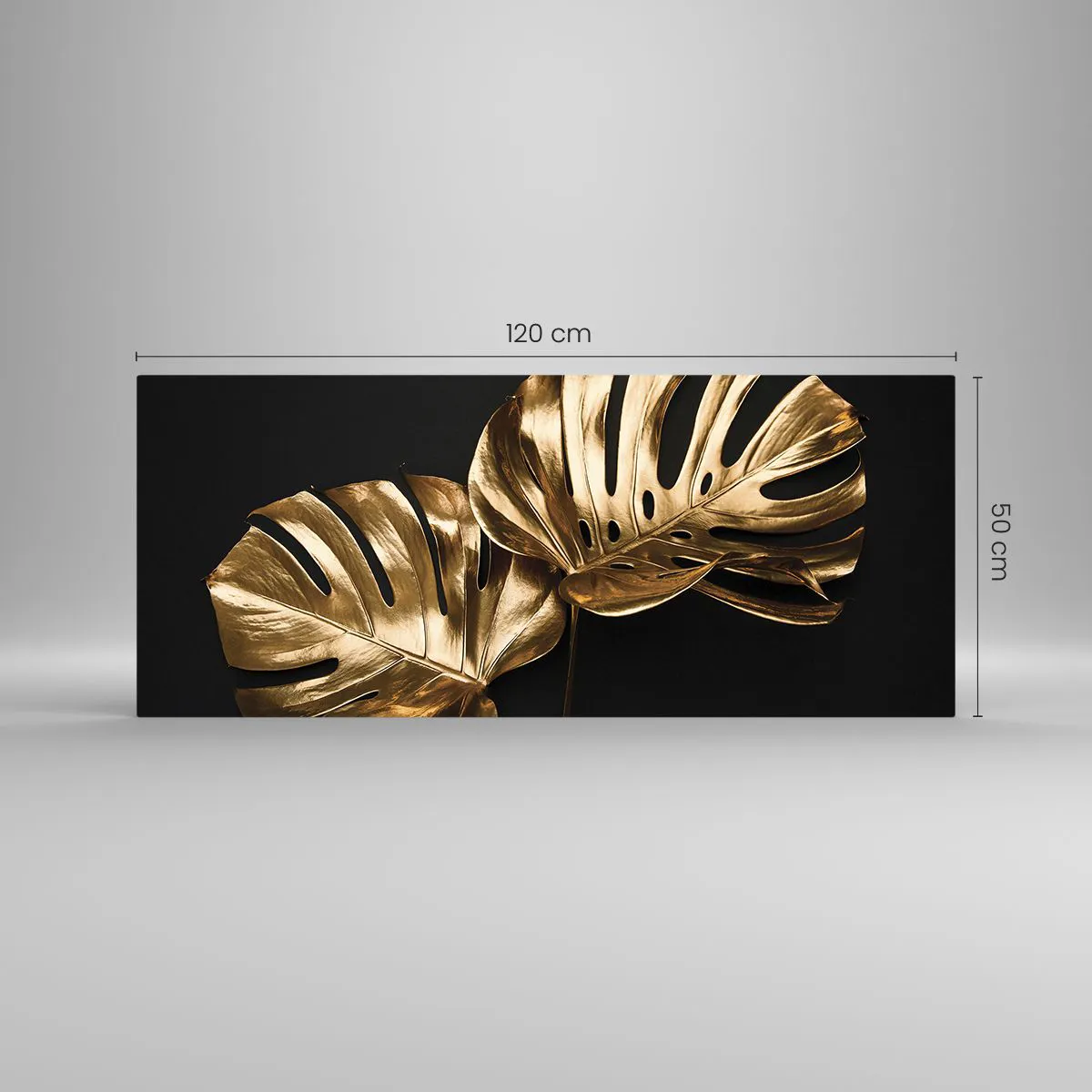 Glasbild - Bild auf glas - Goldene Monstera-Blätter auf schwarzem Hintergrund - 120x50cm - Die Schätze der Natur - Moderne Wanddekoration für Wohnzimmer und Schlafzimmer ARTTOR