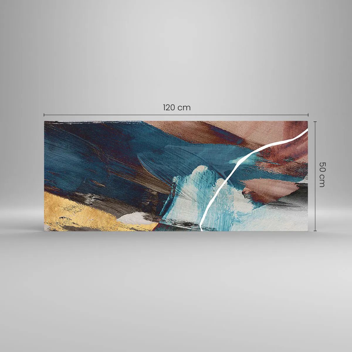 Cuadro sobre vidrio - Impresiones sobre Vidrio - Pinceladas abstractas en tonos azules y dorados. - 120x50cm - Con estilo y energía - Decoración de pared moderna para salón y dormitorio ARTTOR