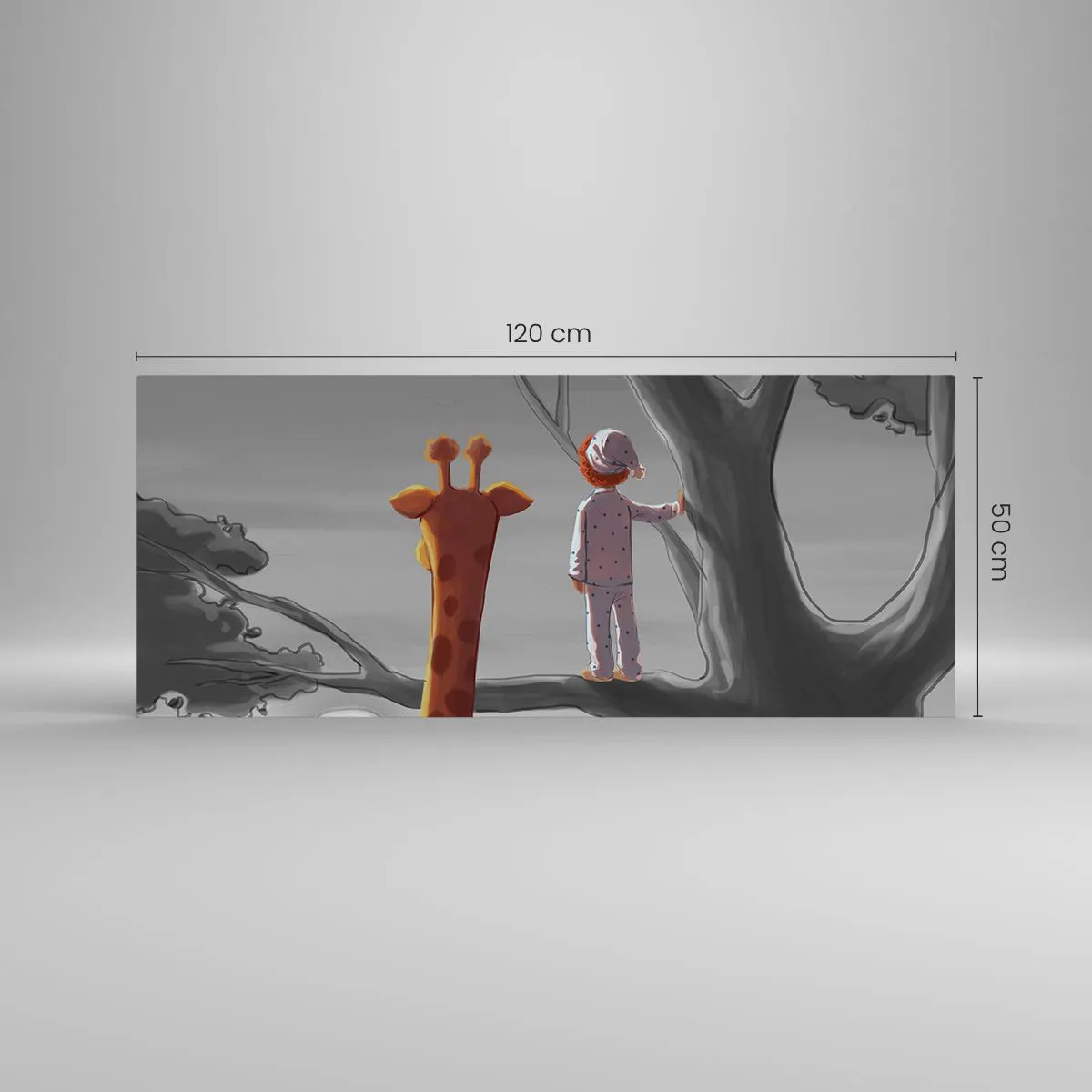 Obraz na szkle - Dziecko i żyrafa na gałęzi drzewa w bajkowym krajobrazie - 120x50cm - To się naprawdę dzieje - Nowoczesna dekoracja ścienna do salonu i sypialni ARTTOR