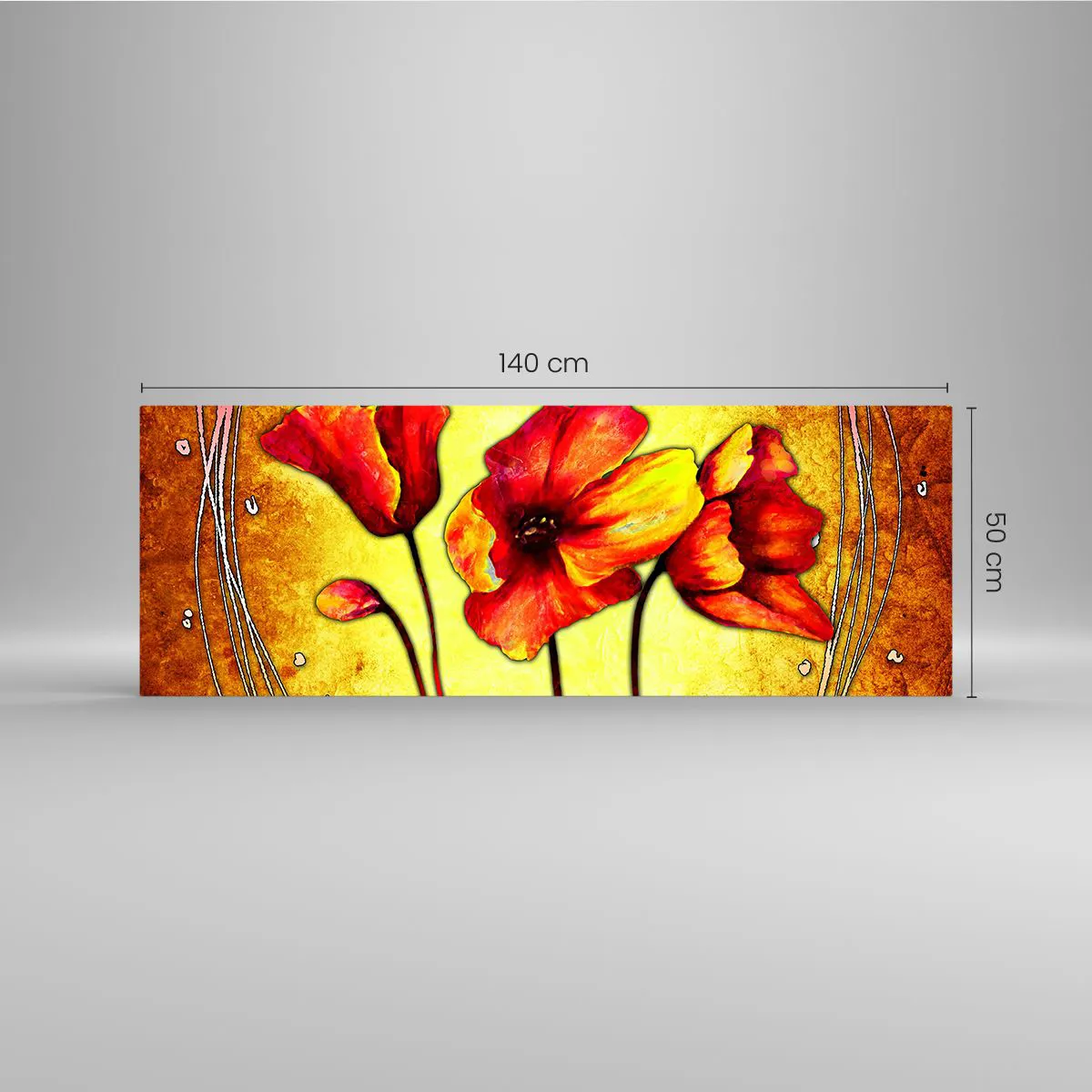 Quadro su vetro - Fiori rossi e gialli su sfondo oro con motivi decorativi - 140x50cm - Decorazione Art Nouveau - Decorazione murale moderna per soggiorno e camera da letto ARTTOR