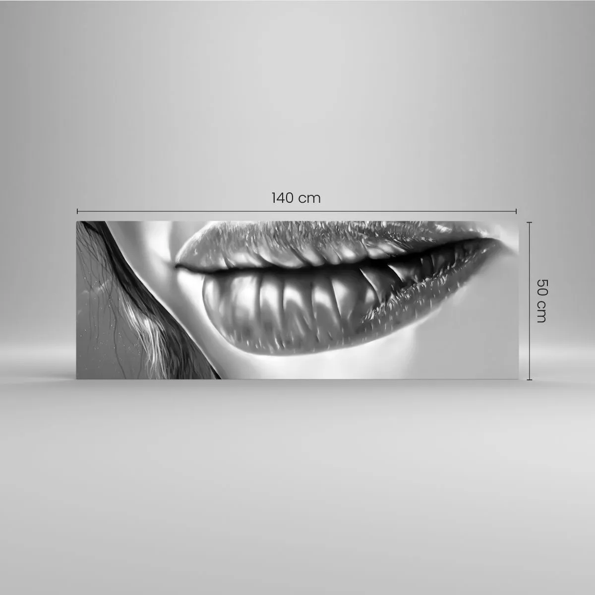 Cuadro sobre vidrio - Impresiones sobre Vidrio - Primer plano en blanco y negro de los labios de una mujer con efecto brillante y detalles. - 140x50cm - Sé lo que estás pensando... - Decoración de pared moderna para salón y dormitorio ARTTOR