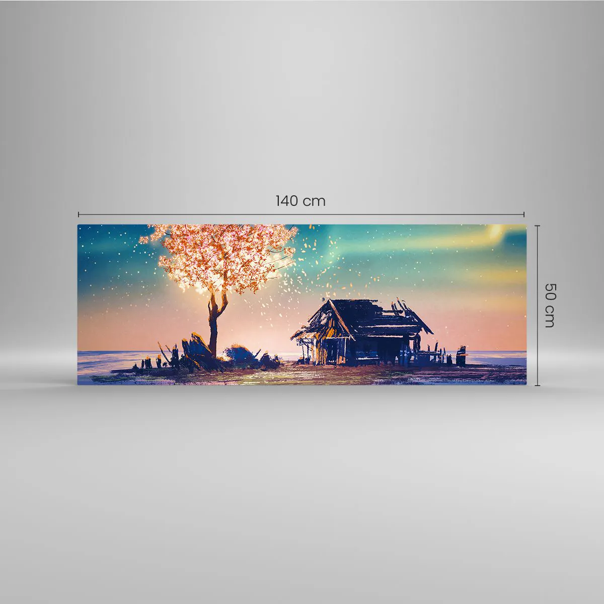 Glasbild - Bild auf glas - Ein Haus und ein blühender Baum unter dem Nachthimmel - 140x50cm - Die Natur vergeht nicht - Moderne Wanddekoration für Wohnzimmer und Schlafzimmer ARTTOR