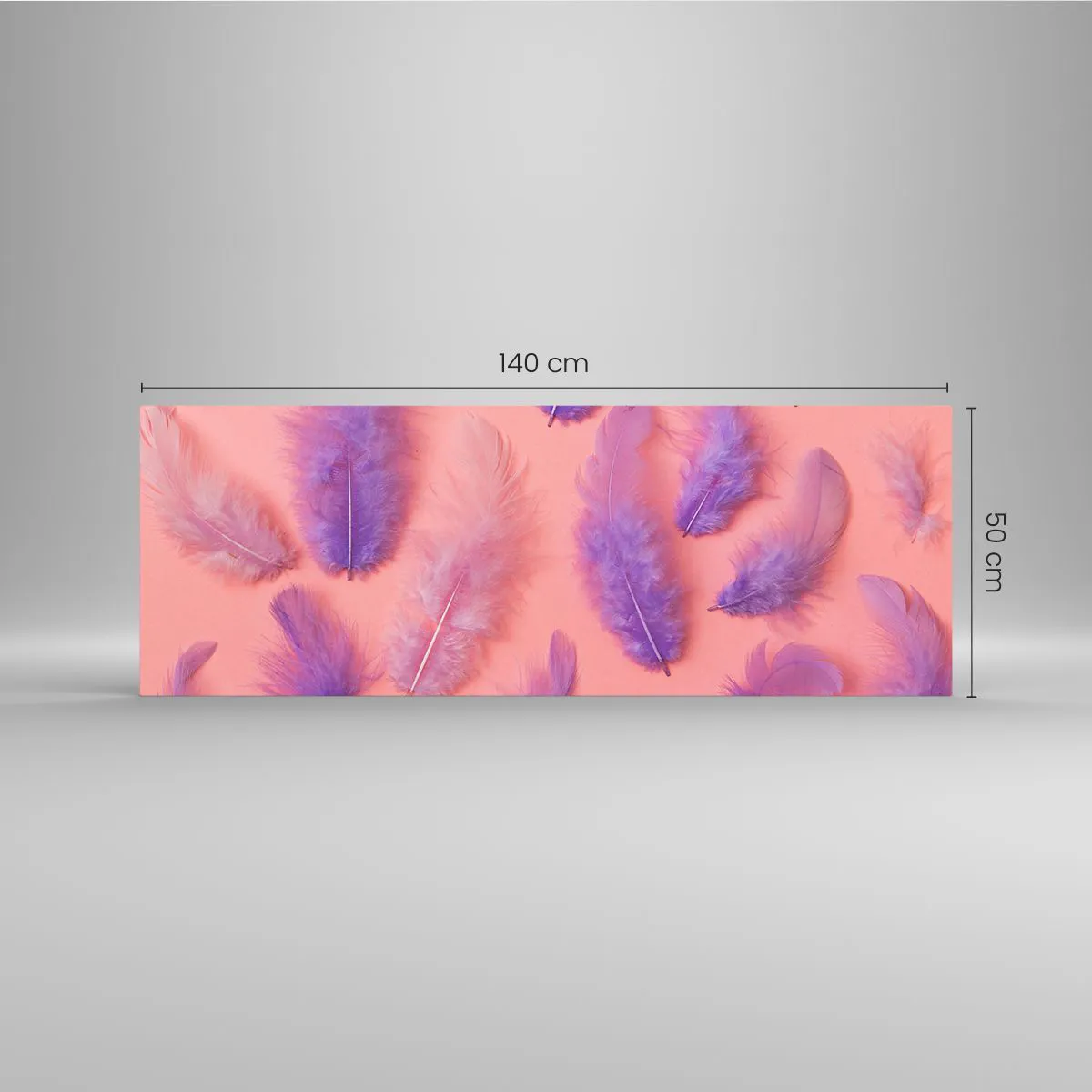 Quadro su vetro - Piume viola e rosa su uno sfondo pastello - 140x50cm - L'uccello lilla del desiderio - Decorazione murale moderna per soggiorno e camera da letto ARTTOR