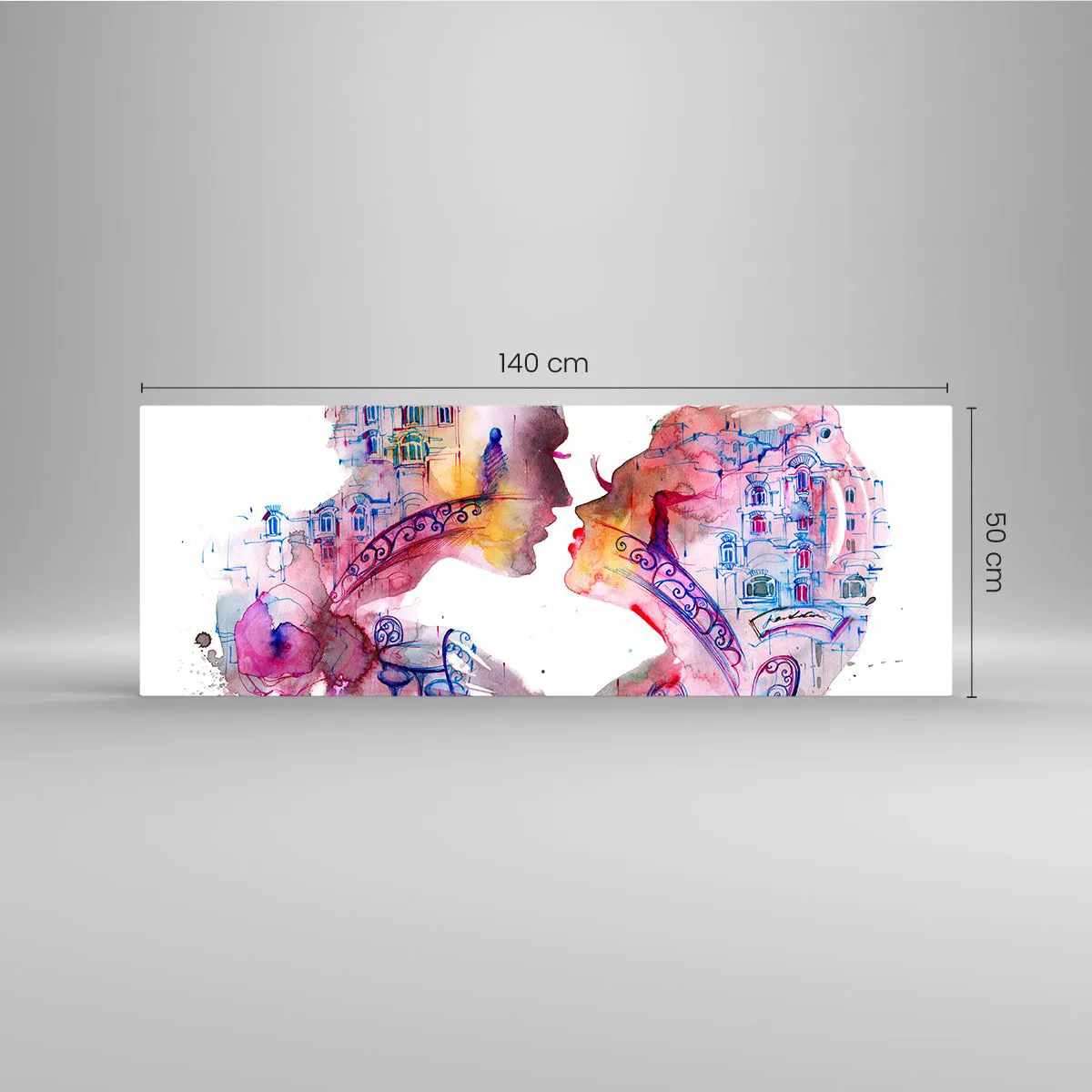 Glasbild - Bild auf glas - Ein romantisches Aquarell, das die Silhouetten von Liebenden darstellt - 140x50cm - Die geheime Seufzerbrücke - Moderne Wanddekoration für Wohnzimmer und Schlafzimmer ARTTOR