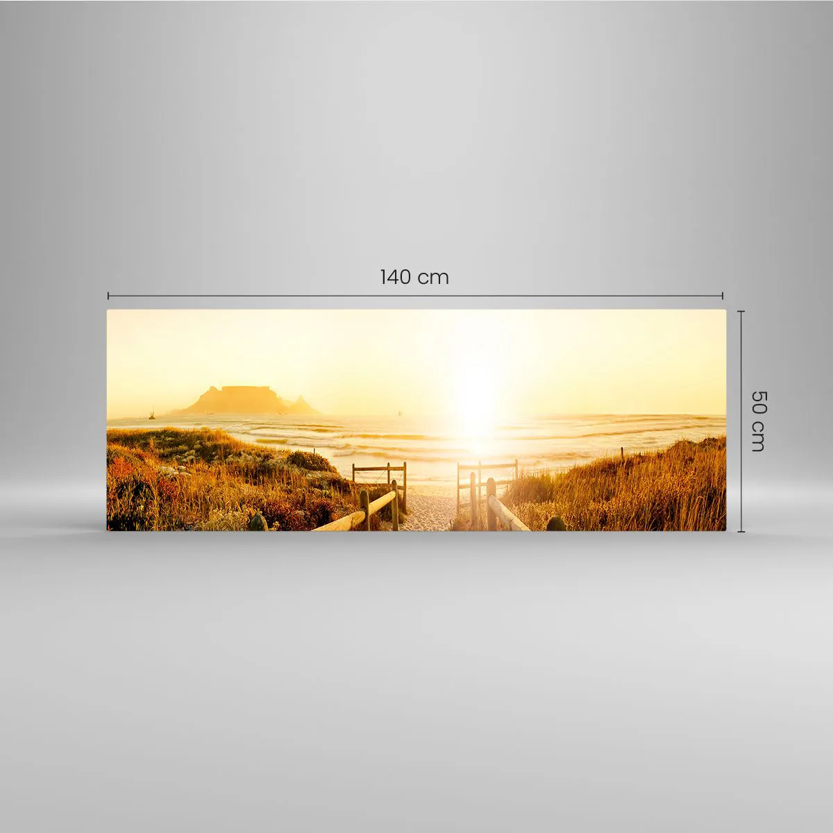 Impression sur verre - Image sur verre - Chemin vers la plage pendant un coucher de soleil doré - 140x50cm - A travers la dune, vers le soleil - Décoration murale moderne pour le salon et la chambre ARTTOR