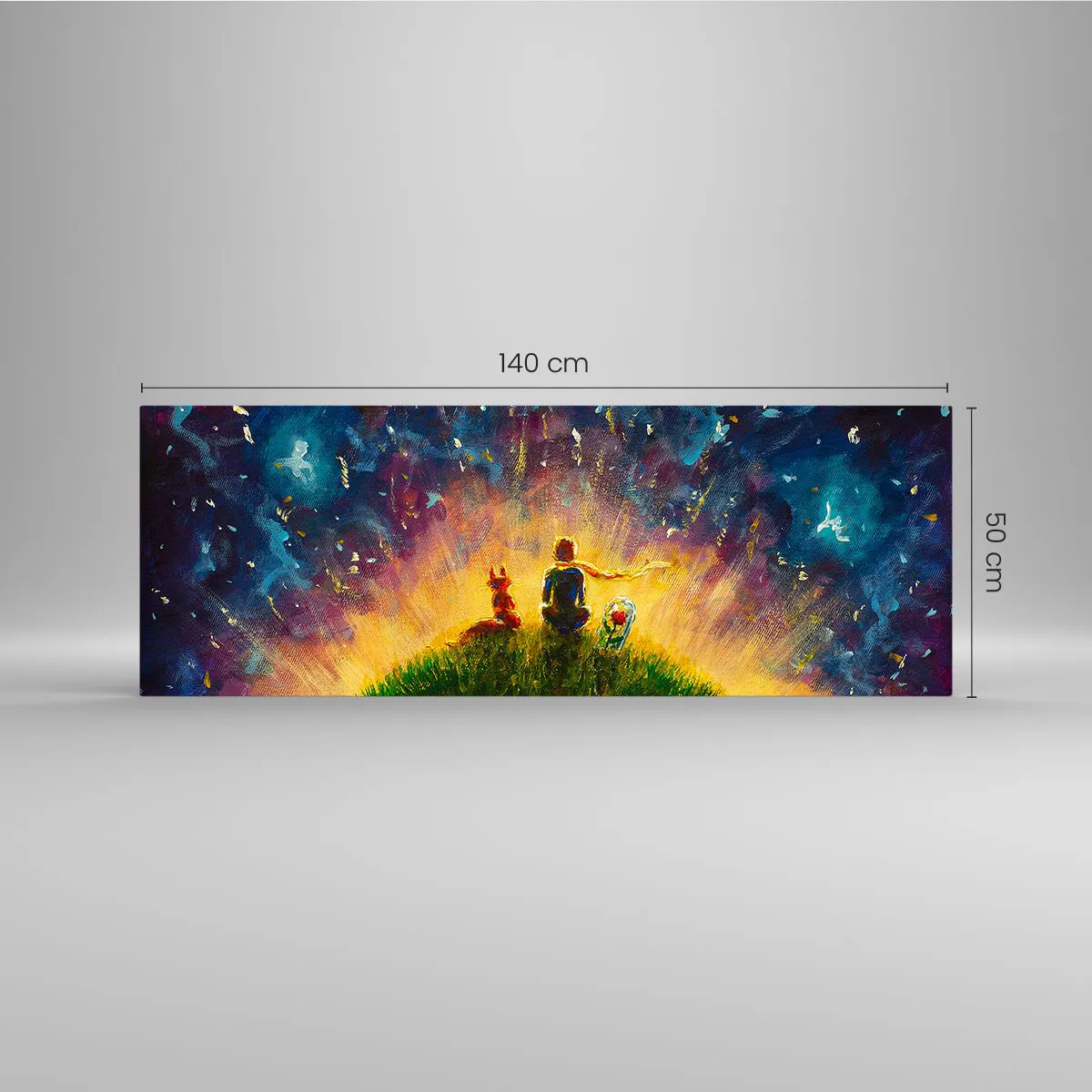 Impression sur verre - Image sur verre - Personnages sur une colline verdoyante entourée d'un ciel étoilé - 140x50cm - Amour et amitié - le monde entier - Décoration murale moderne pour le salon et la chambre ARTTOR