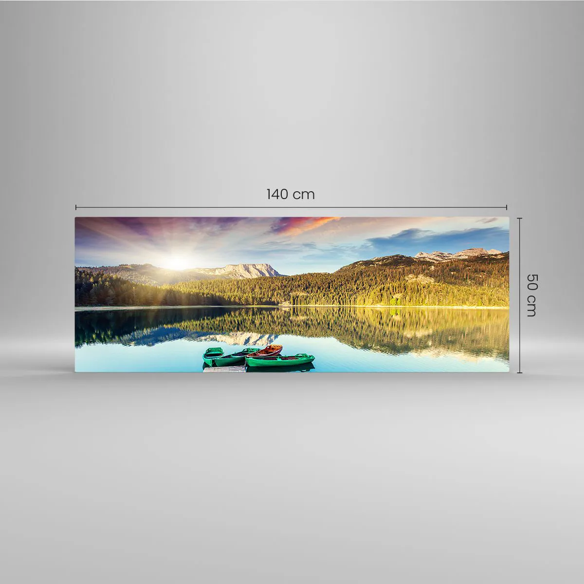 Quadro su vetro - Tramonto sul lago con barche al molo - 140x50cm - Sull'acqua liscia come uno specchio - Decorazione murale moderna per soggiorno e camera da letto ARTTOR