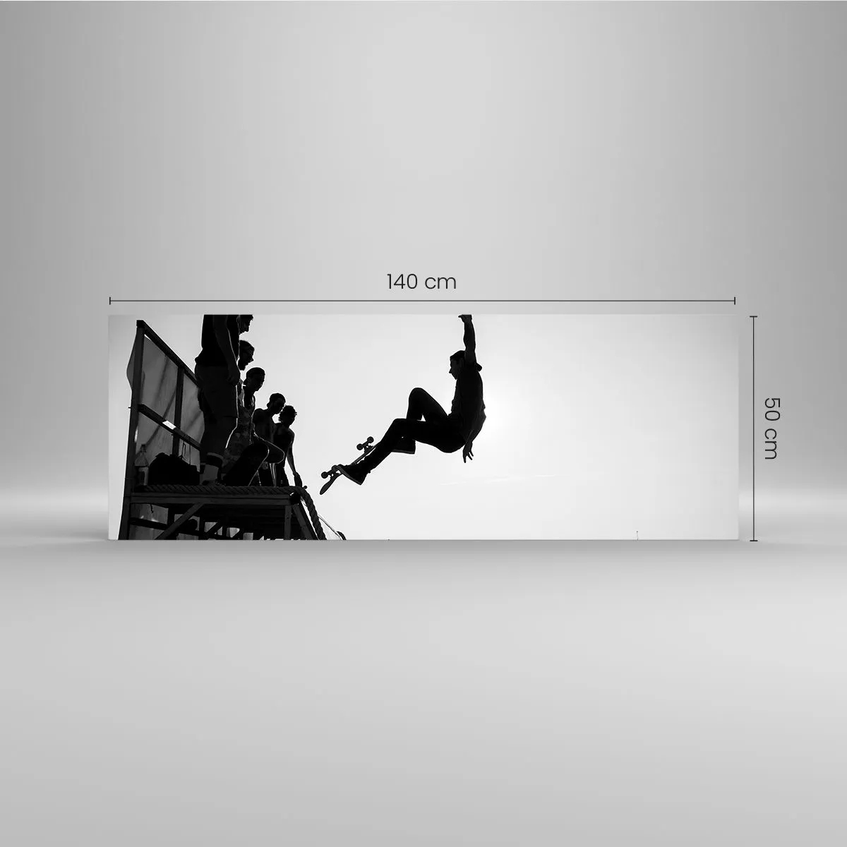 Cuadro sobre vidrio - Impresiones sobre Vidrio - Escena de skate en blanco y negro en una rampa - 140x50cm - Héroes y espectadores - Decoración de pared moderna para salón y dormitorio ARTTOR