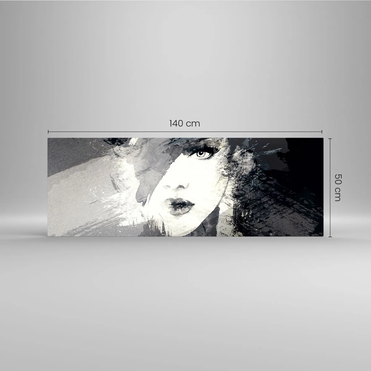 Cuadro sobre vidrio - Impresiones sobre Vidrio - Un retrato abstracto de una mujer en tonos grises con acentos delicados. - 140x50cm - Tras un velo gris - Decoración de pared moderna para salón y dormitorio ARTTOR