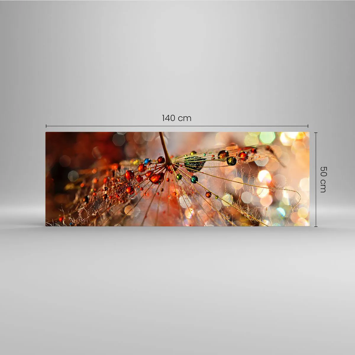 Glasbild - Bild auf glas - Makrofotografie eines Wassertropfens auf einer zarten Pflanze - 140x50cm - Auf einem Spinnenfaden aufgefädelt - Moderne Wanddekoration für Wohnzimmer und Schlafzimmer ARTTOR