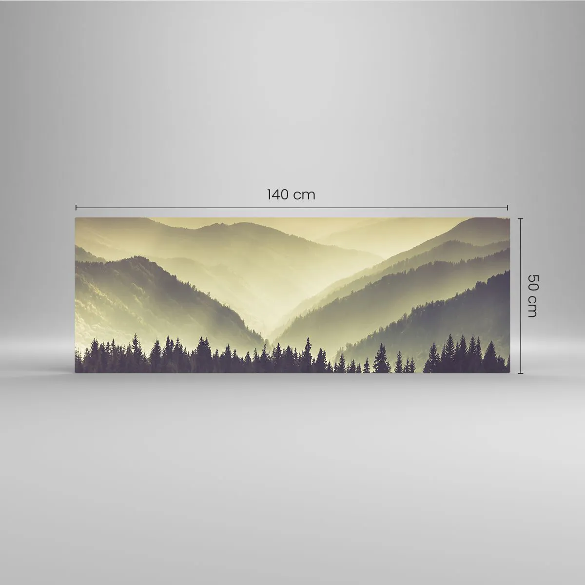 Impression sur verre - Image sur verre - Des chaînes de montagnes pittoresques enveloppées de brume dans une lumière chaude - 140x50cm - Derrière les sept montagnes… - Décoration murale moderne pour le salon et la chambre ARTTOR