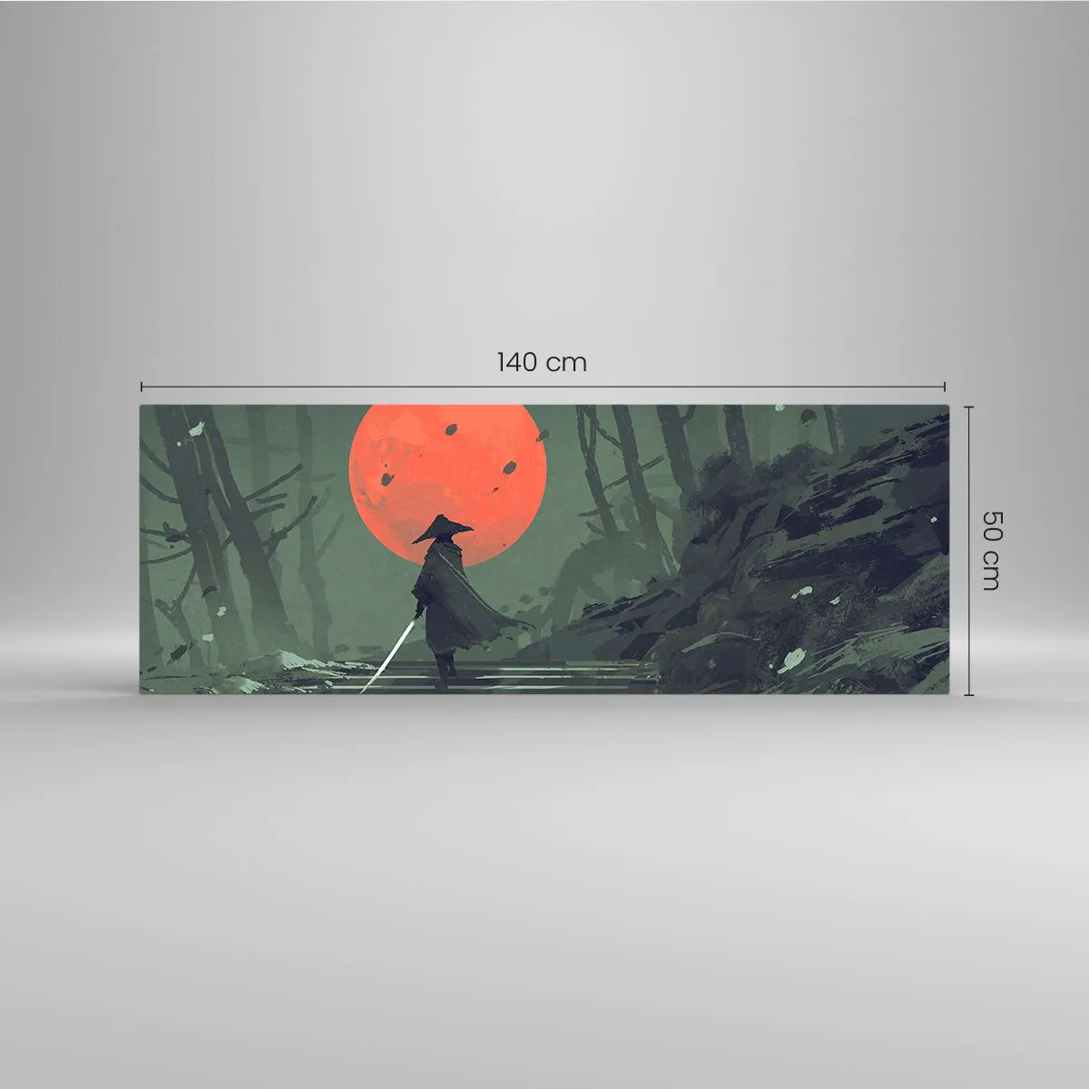 Impression sur verre - Image sur verre - Un guerrier solitaire avec une épée sur fond de lune rouge dans une forêt sombre. - 140x50cm - Guerrier de la lune rouge - Décoration murale moderne pour le salon et la chambre ARTTOR