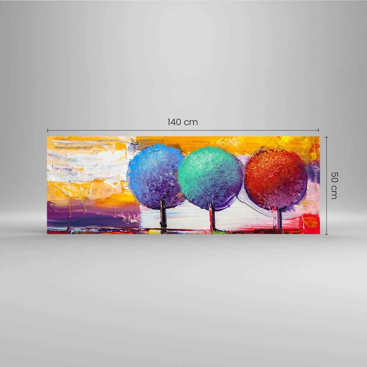 Impression sur verre - Image sur verre - Trois arbres colorés sur un fond abstrait - 140x50cm - Art jusqu'à trois - Décoration murale moderne pour le salon et la chambre ARTTOR