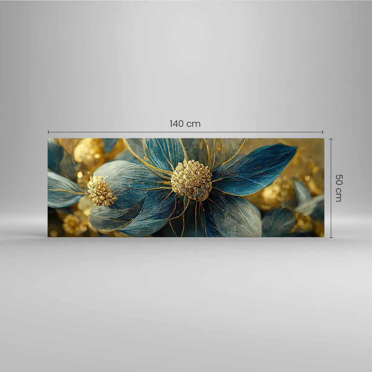Quadro su vetro - Eleganti fiori nei toni del blu e dell'oro - 140x50cm - Fiorire d'oro - Decorazione murale moderna per soggiorno e camera da letto ARTTOR