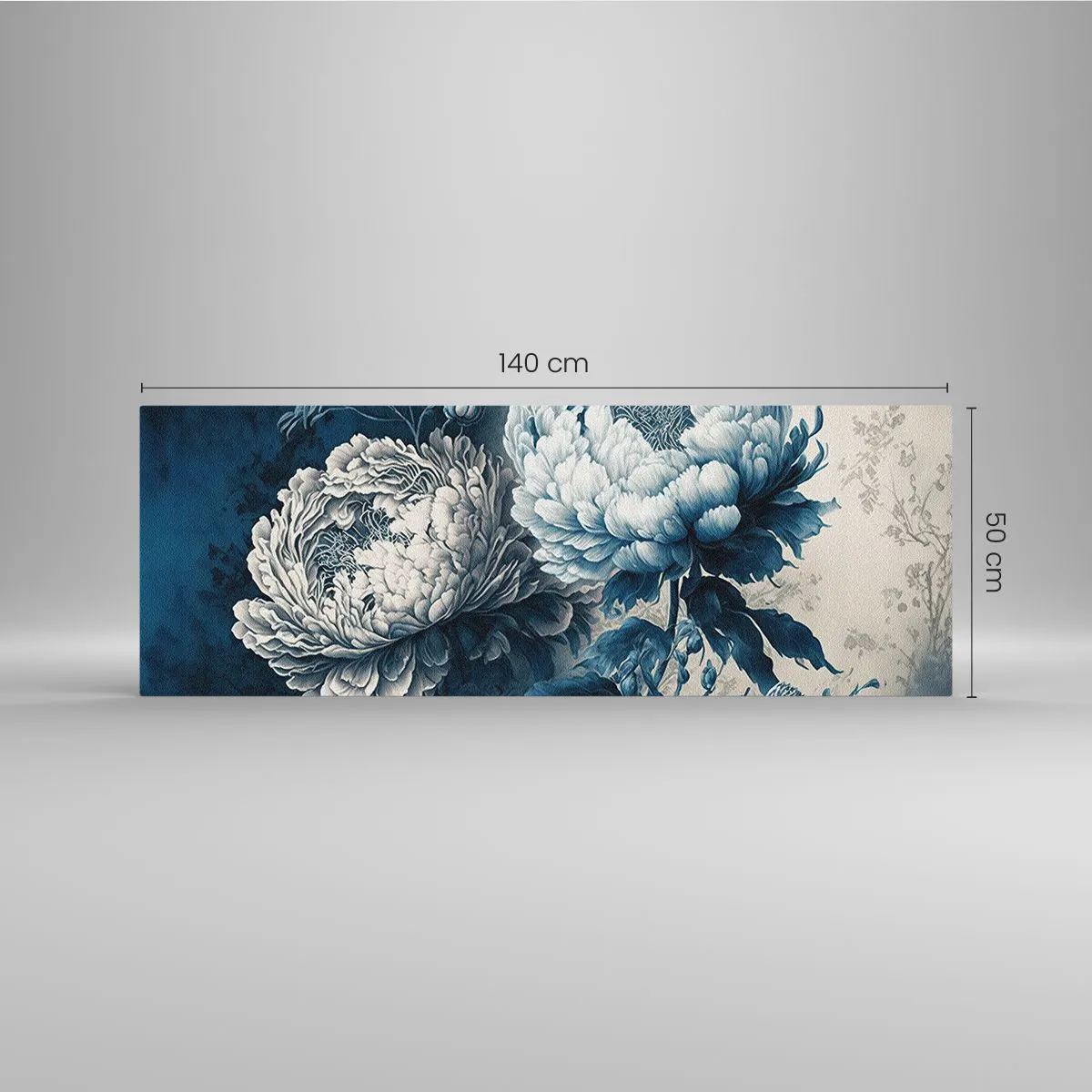 Cuadro sobre vidrio - Impresiones sobre Vidrio - Peonías azules sobre un fondo sutil con un patrón delicado. - 140x50cm - Una pareja unida - Decoración de pared moderna para salón y dormitorio ARTTOR