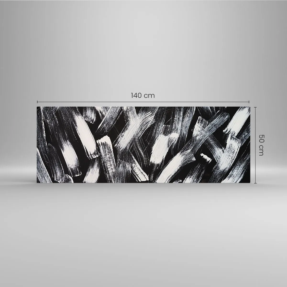 Cuadro sobre vidrio - Impresiones sobre Vidrio - Abstracción dinámica con pinceladas blancas sobre fondo negro. - 140x50cm - Abstracción en el espíritu industrial - Decoración de pared moderna para salón y dormitorio ARTTOR