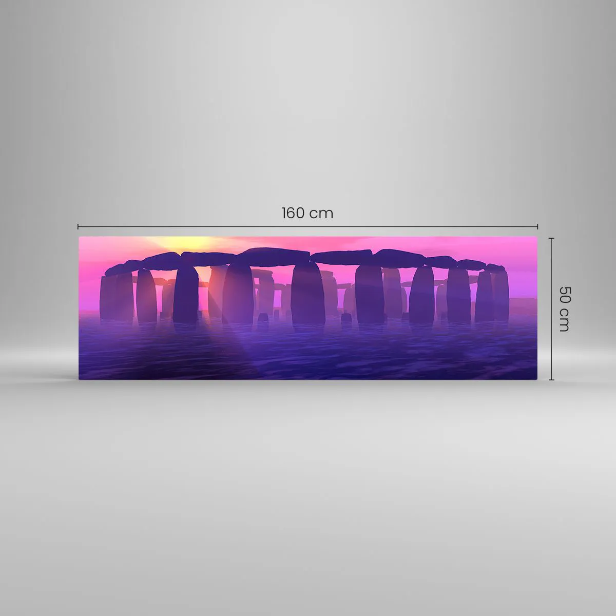 Impression sur verre - Image sur verre - Cercle de pierres au coucher du soleil avec un ciel violet - 160x50cm - Mystère à l'aube dans le brouillard - Décoration murale moderne pour le salon et la chambre ARTTOR