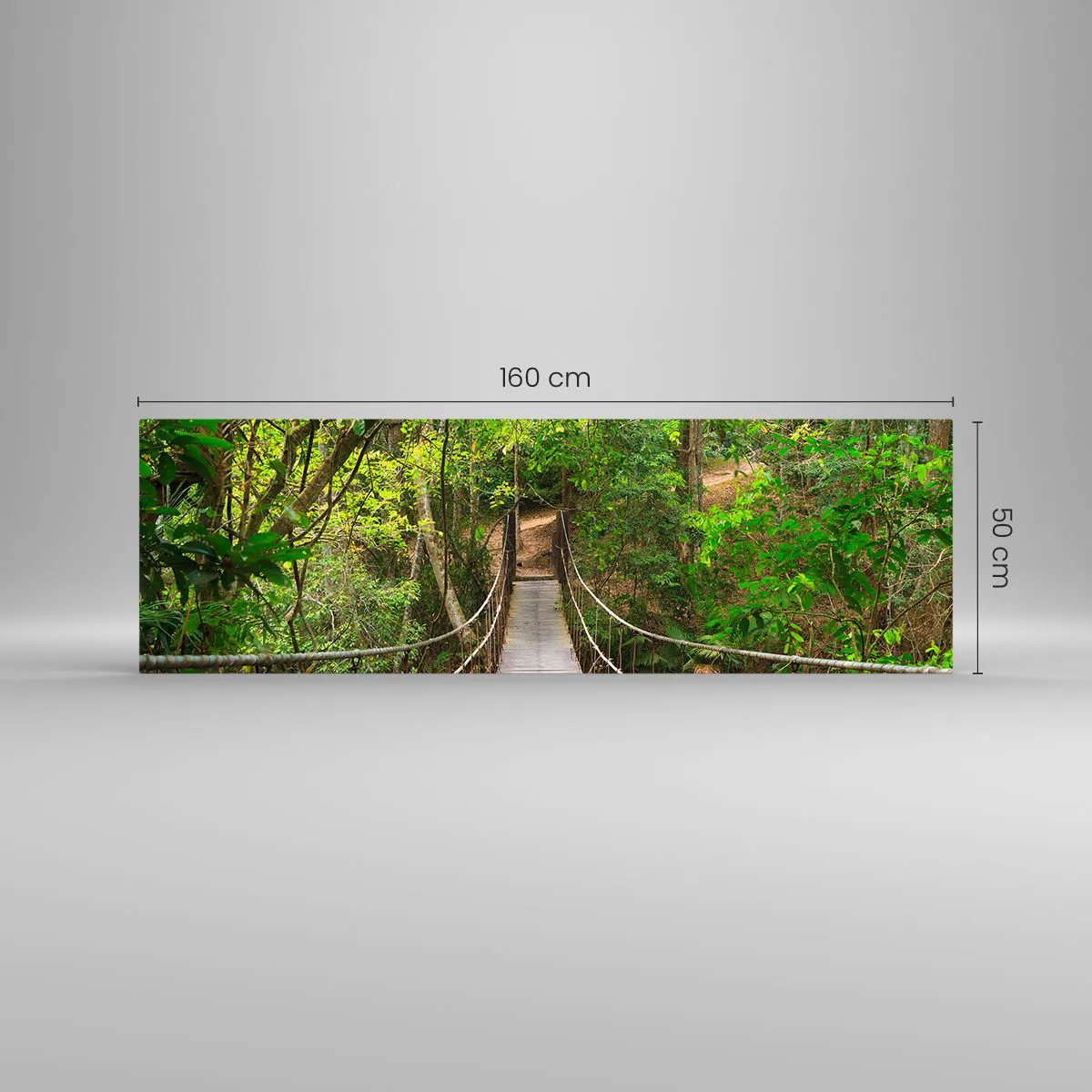 Glasbild - Bild auf glas - Eine Hängebrücke umgeben von einem grünen Regenwald - 160x50cm - Denn im Garten gibt es eine Schlingpflanze - Moderne Wanddekoration für Wohnzimmer und Schlafzimmer ARTTOR