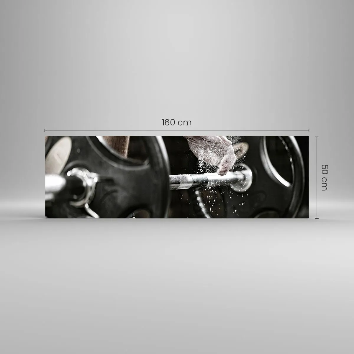 Impression sur verre - Image sur verre - Des haltères et les mains d'un athlète se préparant à l'entraînement - 160x50cm - Défi accepté! - Décoration murale moderne pour le salon et la chambre ARTTOR