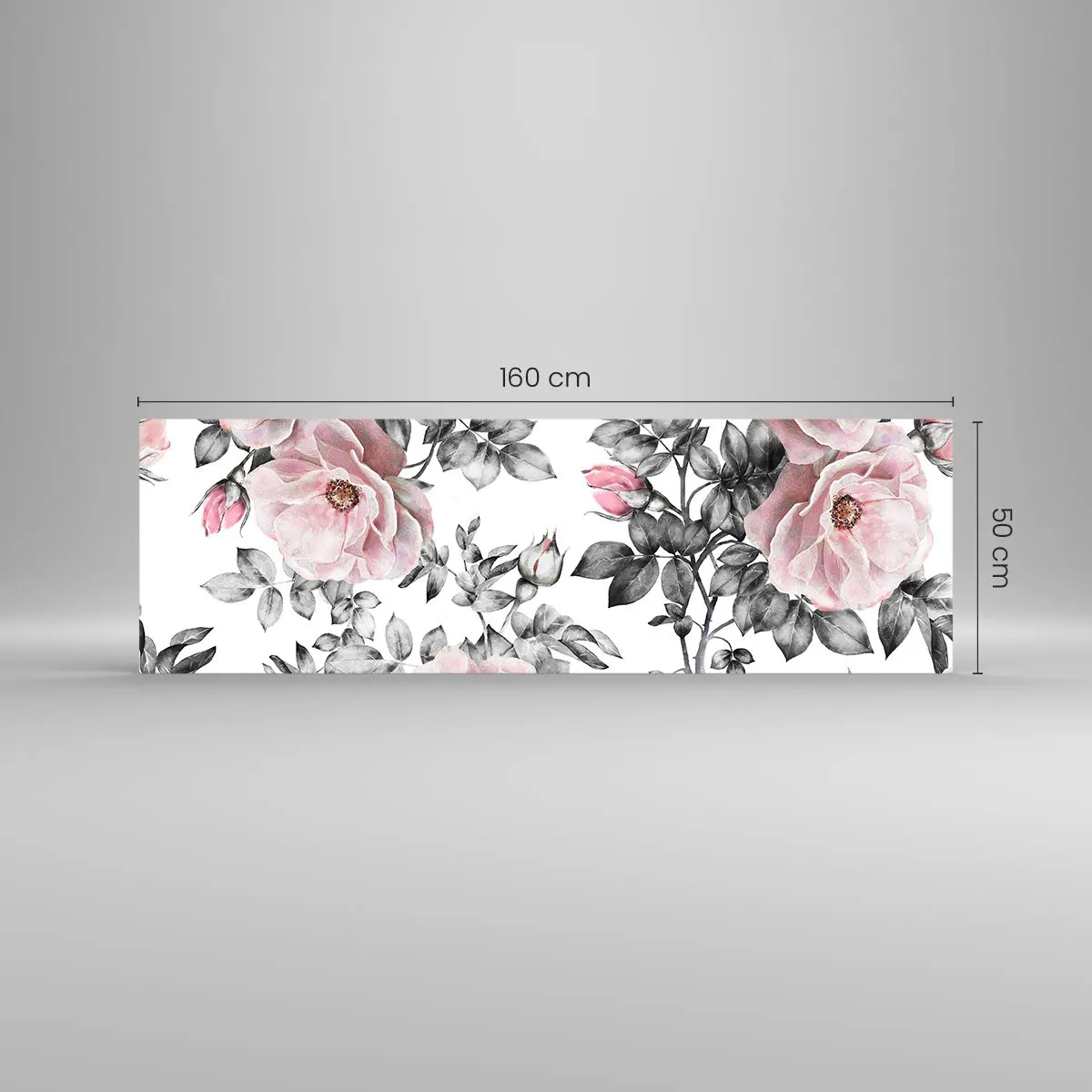 Impression sur verre - Image sur verre - Roses roses et feuilles sur un délicat fond noir et blanc - 160x50cm - Se perdre dans les fleurs des roses - Décoration murale moderne pour le salon et la chambre ARTTOR