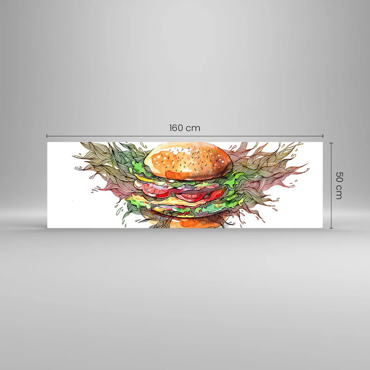 Impression sur verre - Image sur verre - Illustration artistique d'un burger avec des éléments dynamiques - 160x50cm - Tentation chaude - Décoration murale moderne pour le salon et la chambre ARTTOR