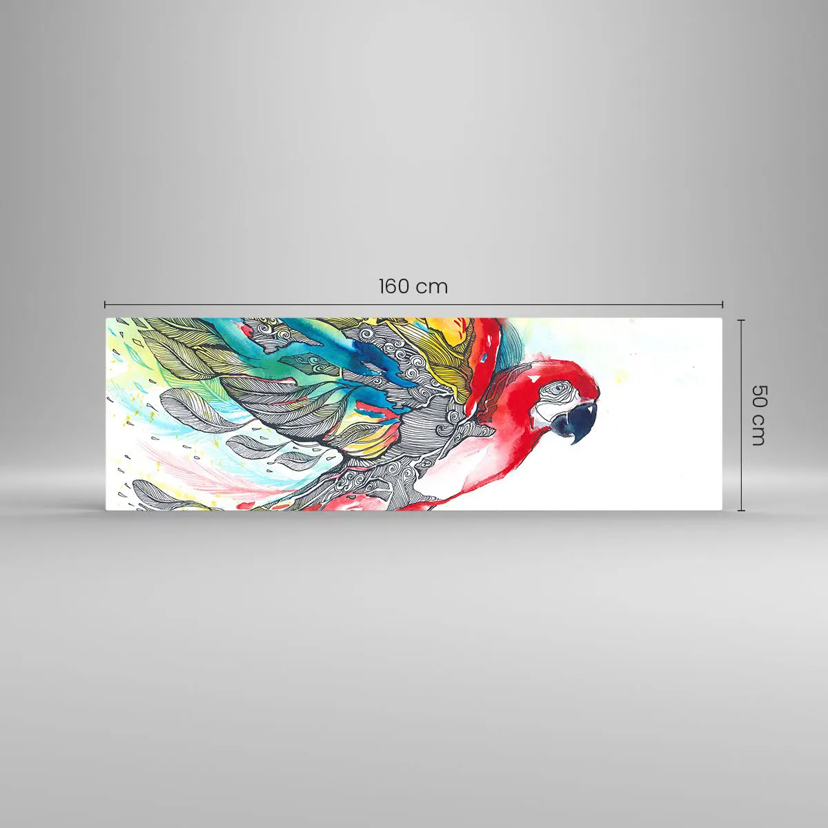Impression sur verre - Image sur verre - Un perroquet coloré en vol avec des motifs abstraits sur ses ailes. - 160x50cm - Vivez haut en couleurs - Décoration murale moderne pour le salon et la chambre ARTTOR