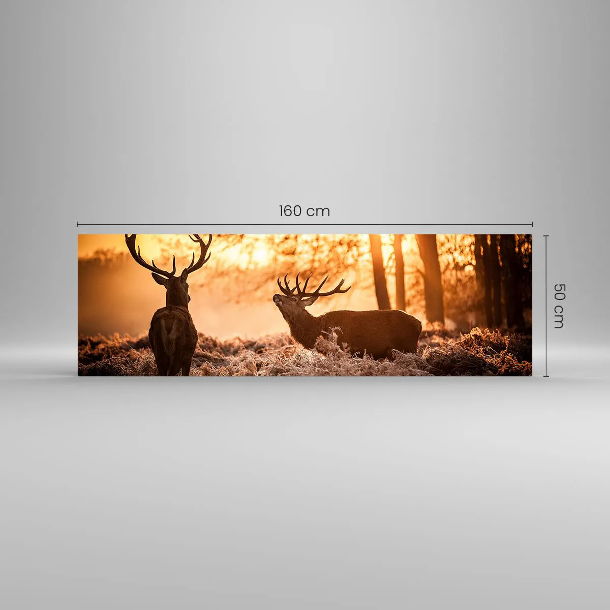 Impression sur verre - Image sur verre - Deux cerfs au coucher du soleil dans un paysage hivernal - 160x50cm - Le rêve d'un chasseur - Décoration murale moderne pour le salon et la chambre ARTTOR