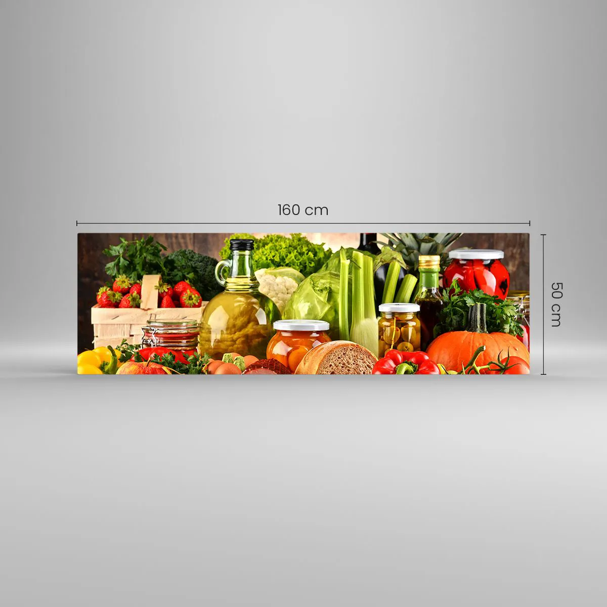 Quadro su vetro - Frutta, verdura e prodotti alimentari colorati - 160x50cm - Affumicati, arrostiti, marinati - Decorazione murale moderna per soggiorno e camera da letto ARTTOR
