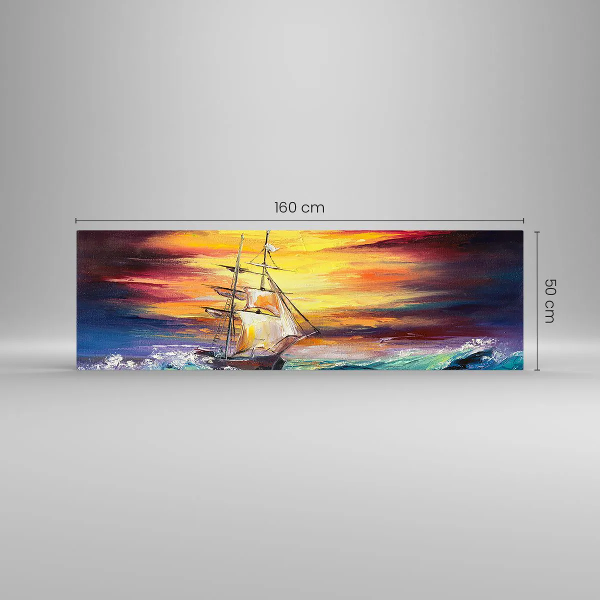 Impression sur verre - Image sur verre - Un voilier sur fond de coucher de soleil coloré - 160x50cm - Courageusement sous les vagues - Décoration murale moderne pour le salon et la chambre ARTTOR