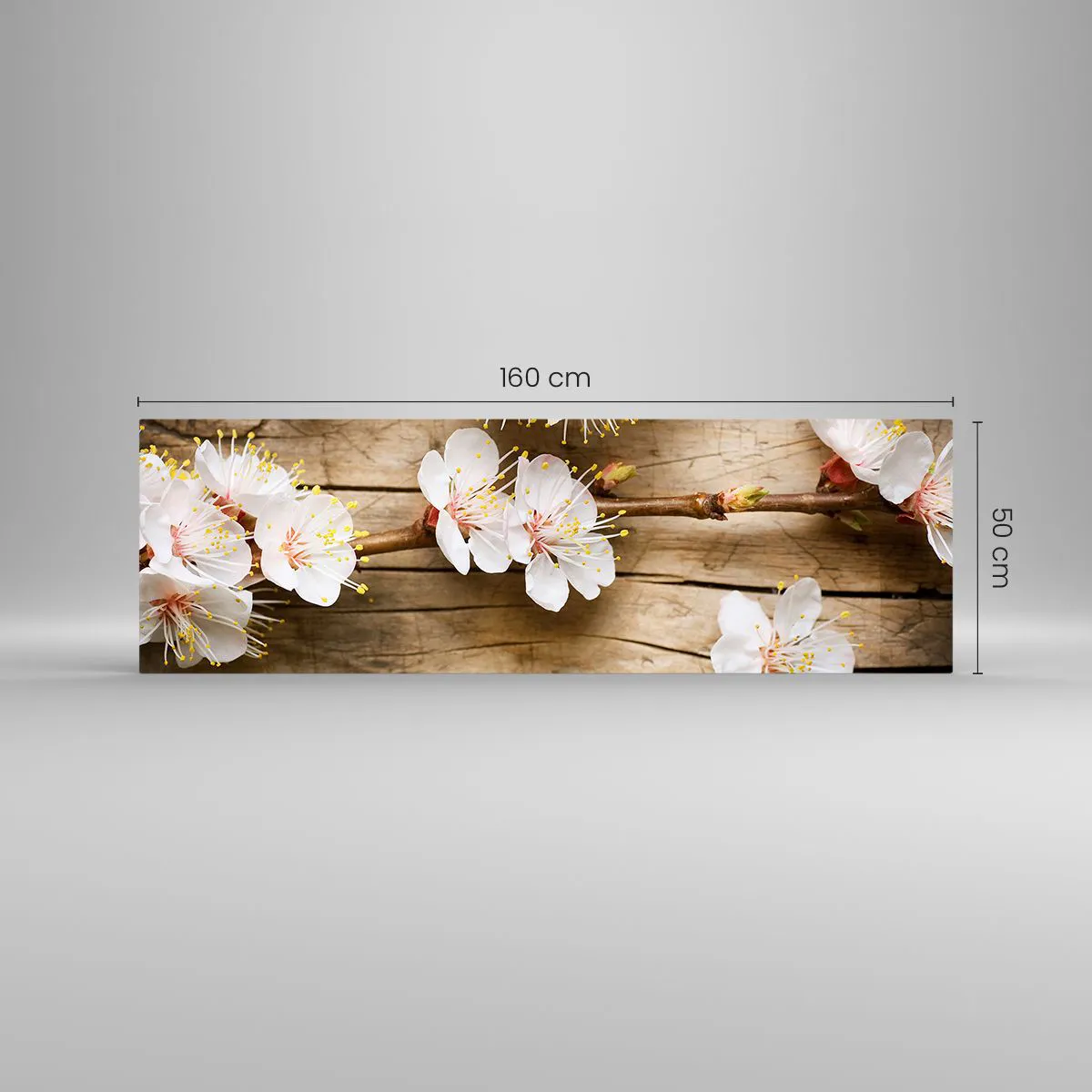 Quadro su vetro - Rami di ciliegi in fiore su uno sfondo di tavola di legno - 160x50cm - Ed è giunta la primavera - Decorazione murale moderna per soggiorno e camera da letto ARTTOR