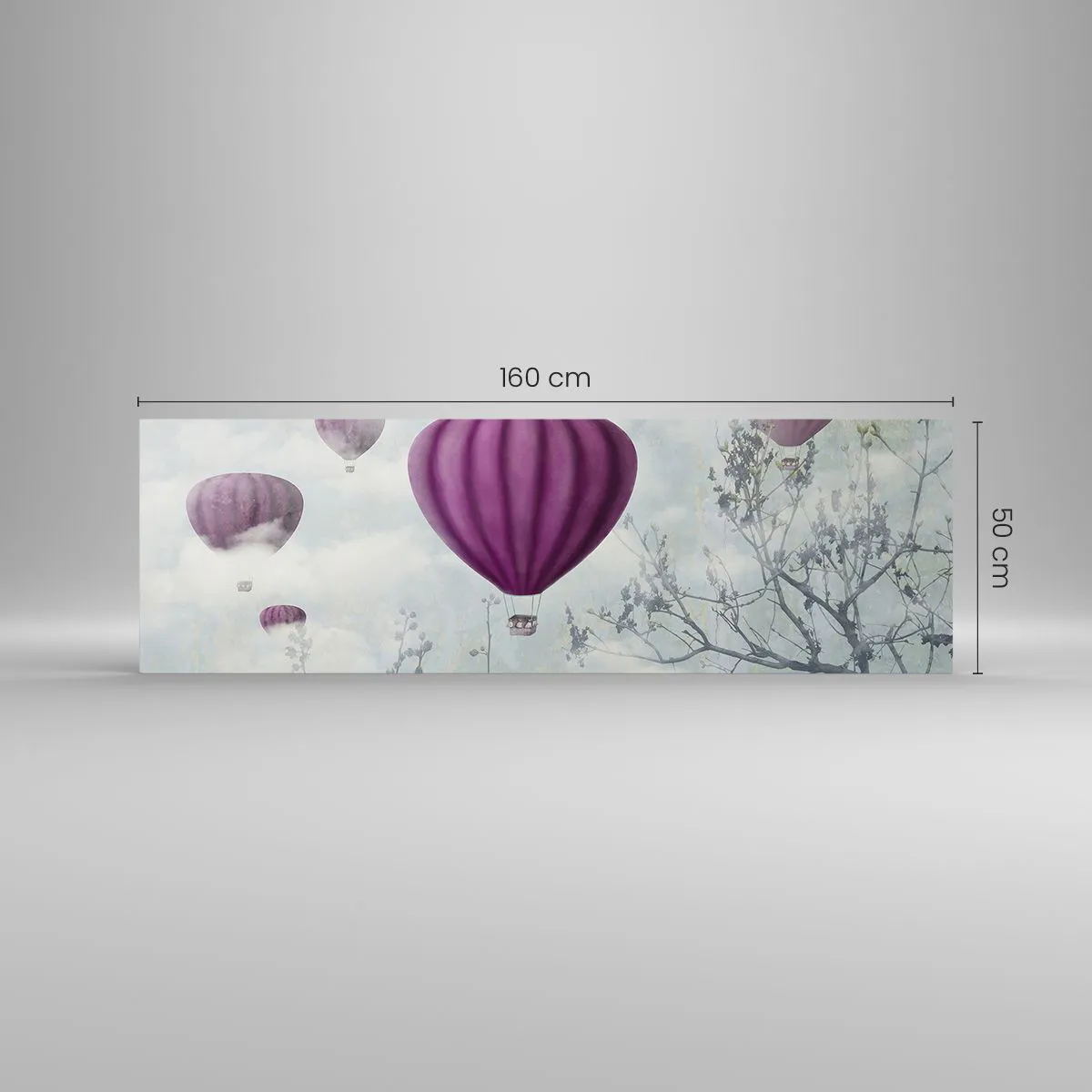 Cuadro sobre vidrio - Impresiones sobre Vidrio - Globos morados flotando sobre los árboles en las nubes. - 160x50cm - Surcando los cielos - Decoración de pared moderna para salón y dormitorio ARTTOR
