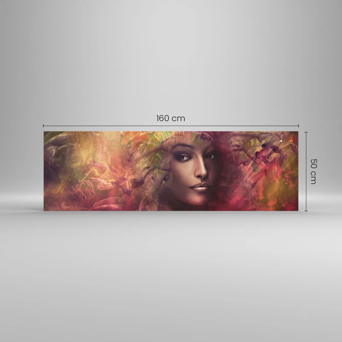 Glasbild - Bild auf glas - Eine Frau in abstrakten Farben, die einen dynamischen Hintergrund schafft - 160x50cm - Ich bin hier! - Moderne Wanddekoration für Wohnzimmer und Schlafzimmer ARTTOR