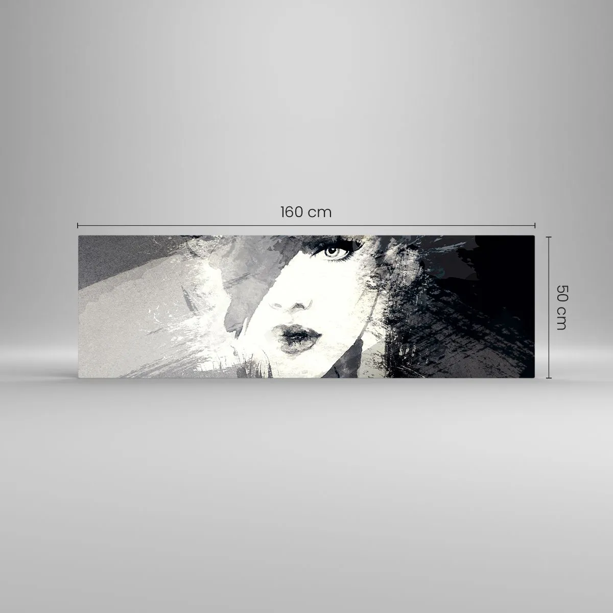 Quadro su vetro - Un ritratto astratto di una donna in tonalità di grigio con delicati accenti. - 160x50cm - Dietro un velo grigio - Decorazione murale moderna per soggiorno e camera da letto ARTTOR