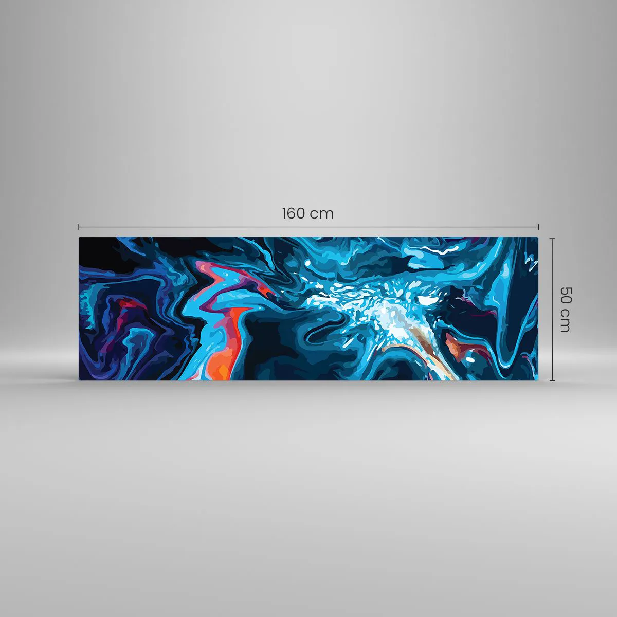 Obraz na szkle - Abstrakcyjny wzór w odcieniach niebieskiego z akcentami pomarańczu - 160x50cm - Podróż do wnętrza nieba - Nowoczesna dekoracja ścienna do salonu i sypialni ARTTOR