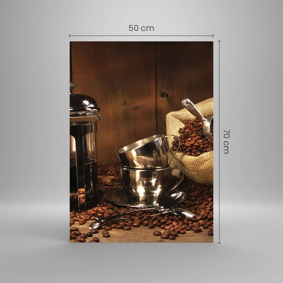 Impression sur verre - Image sur verre - Cafetière, tasses et un sac de grains de café - 50x70cm - Le charme du café - arôme et goût - Décoration murale moderne pour le salon et la chambre ARTTOR