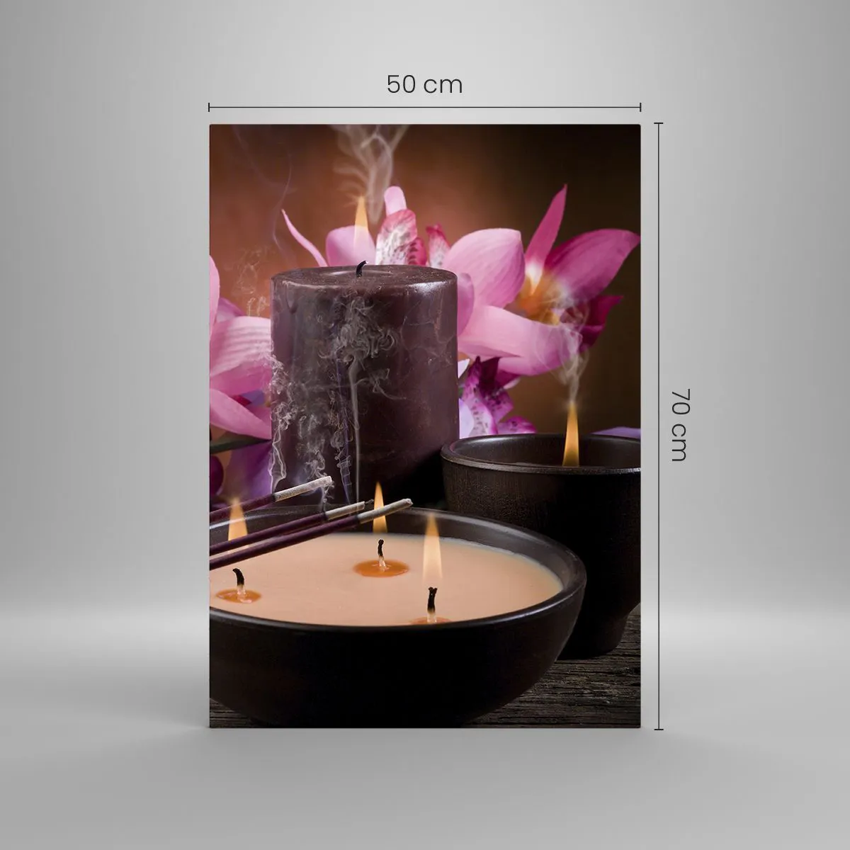 Glasbild - Bild auf glas - Entspannungskomposition mit Buddha, Kerzen und Blumen - 50x70cm - Den Geist frei machen, den Körper beruhigen - Moderne Wanddekoration für Wohnzimmer und Schlafzimmer ARTTOR