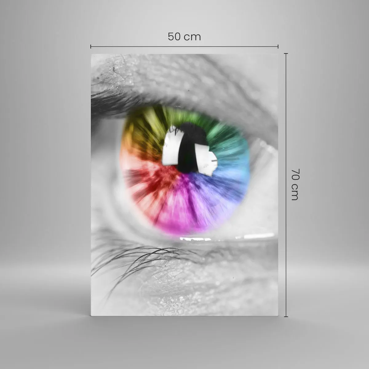 Obraz na szkle - Kolorowa tęczówka oka na czarno-białym tle - 50x70cm - Patrzeć na świat kolorowo - Nowoczesna dekoracja ścienna do salonu, kuchni i sypialni ARTTOR