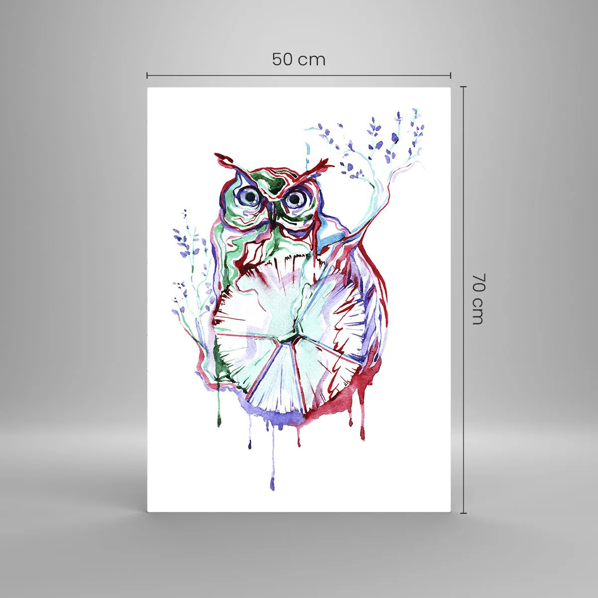 Glasbild - Bild auf glas - Abstrakte Eule in einer farbenfrohen Aquarellkomposition - 50x70cm - Von Natur aus klug - Moderne Wanddekoration für Wohnzimmer und Schlafzimmer ARTTOR
