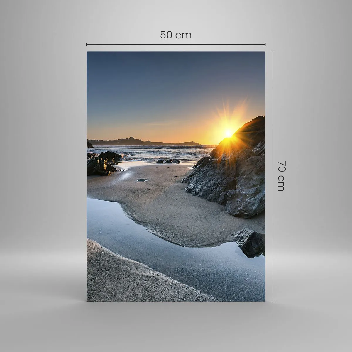 Quadro su vetro - Spiaggia all'alba con rocce pittoresche e acqua - 50x70cm - Mai toccate da mano umana - Decorazione murale moderna per soggiorno e camera da letto ARTTOR