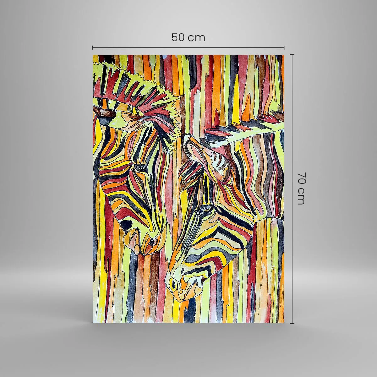 Cuadro sobre vidrio - Impresiones sobre Vidrio - Cebras coloridas en un estilo artístico de acuarela. - 50x70cm - Y tú también... - Decoración de pared moderna para salón y dormitorio ARTTOR