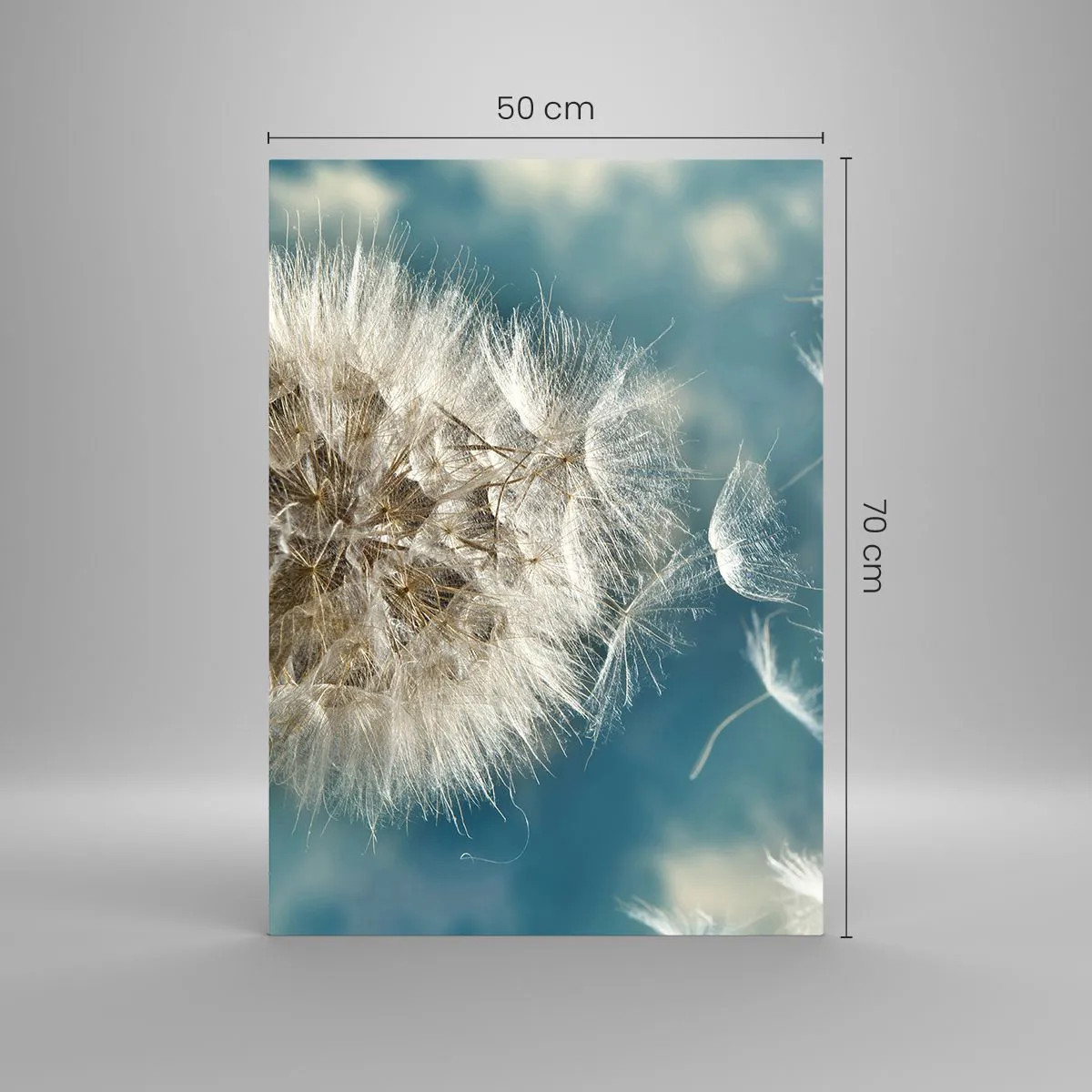 Glasbild - Bild auf glas - Ein zarter Löwenzahn vor dem Himmel mit schwebenden Samen - 50x70cm - Engelsatem - Moderne Wanddekoration für Wohnzimmer und Schlafzimmer ARTTOR