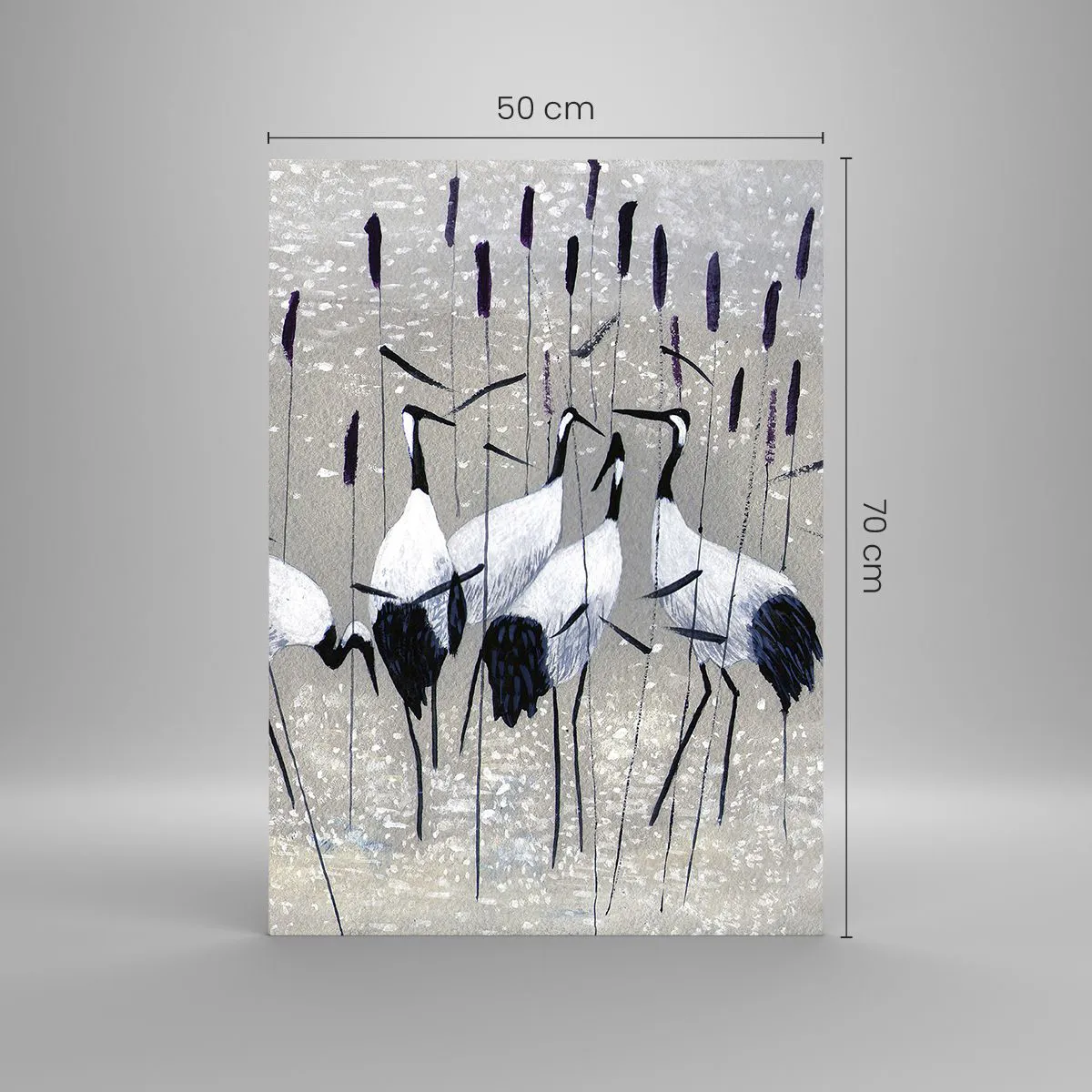 Glasbild - Bild auf glas - Vier Kraniche im Schilf am See - 50x70cm - Unter ihren eigenen - Moderne Wanddekoration für Wohnzimmer und Schlafzimmer ARTTOR