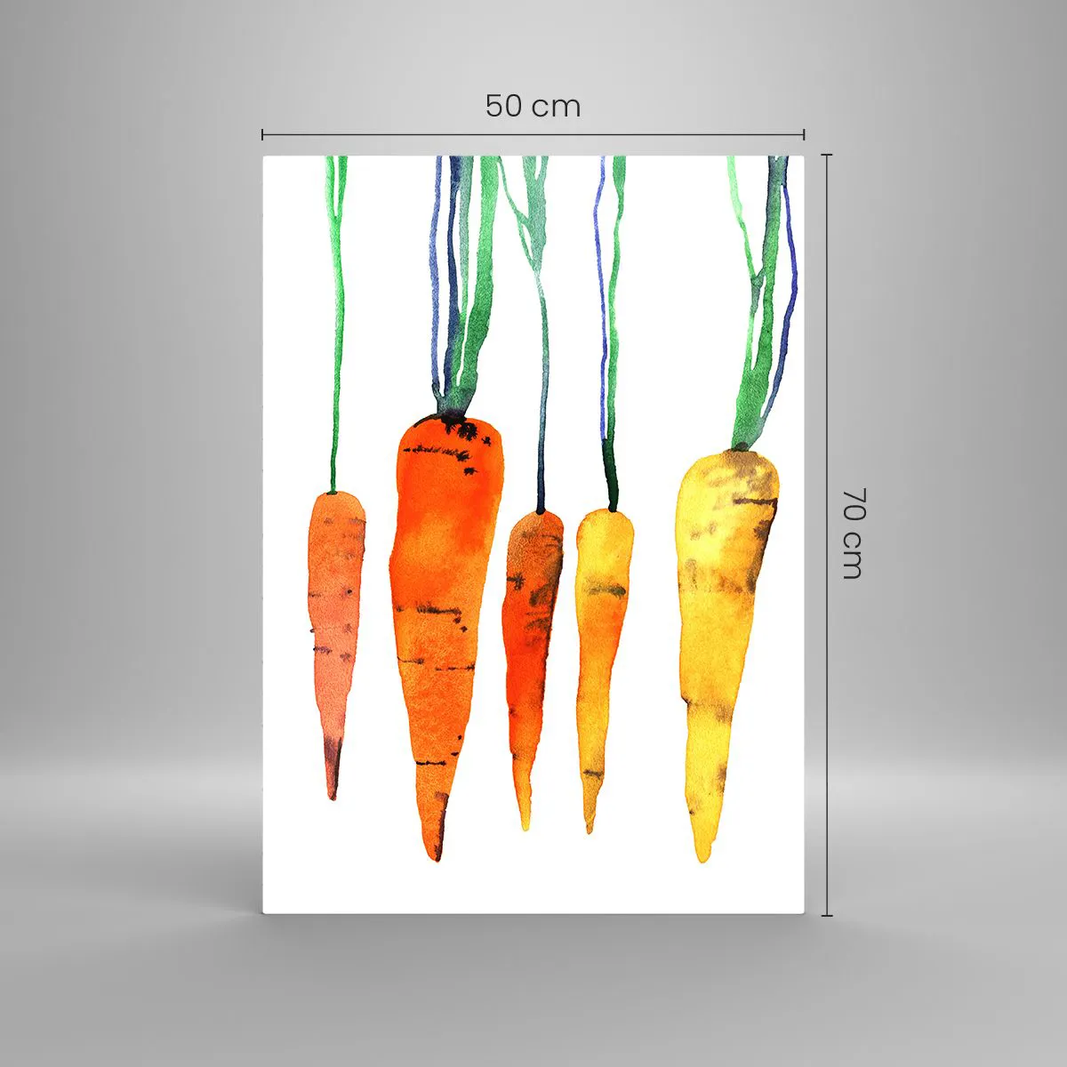 Impression sur verre - Image sur verre - Carottes à l'aquarelle dans différentes nuances d'orange avec des tiges vertes - 50x70cm - La beauté de l'ordinaire - Décoration murale moderne pour le salon et la chambre ARTTOR