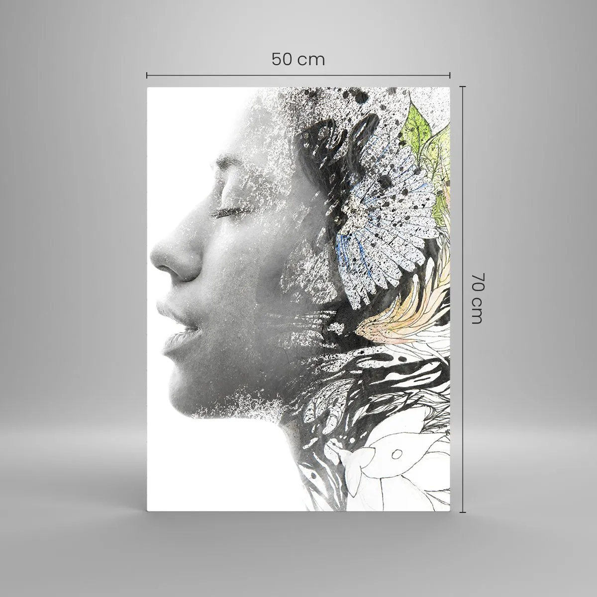 Impression sur verre - Image sur verre - Profil de femme avec des motifs de la nature dans un style monochrome - 50x70cm - Immergé dans la nature - Décoration murale moderne pour le salon et la chambre ARTTOR